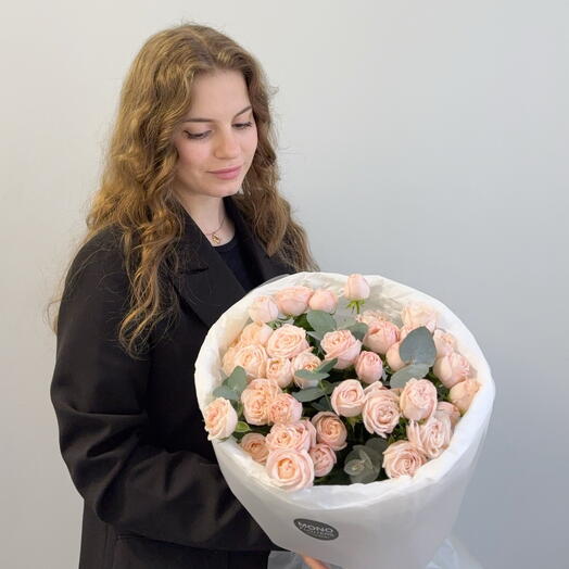 Bouquet of bushy peony-shaped roses in a delicate pink shade with eucalyptus S