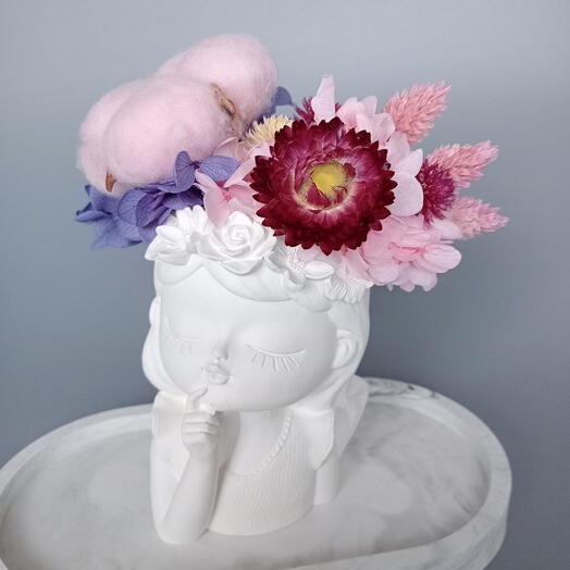 Композиция из стабилизированных цветов и сухоцветов с хлопком, букет в подарок