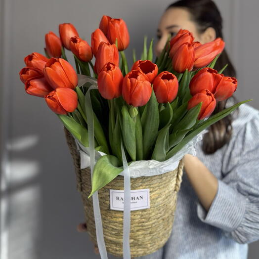 Красные тюльпаны в кашпо