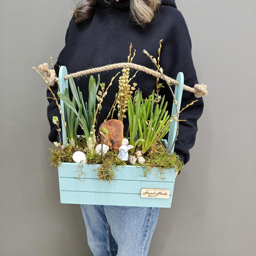 Мини сад в деревянном ящике нарцисс, мускари, лаванда с ангелом