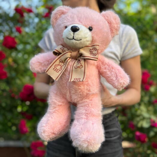 Мягкая игрушка плюшевый медведь розовый с бежевым бантом 1шт. Soft plush toy teddy bear pink bear with beige bow 1pc