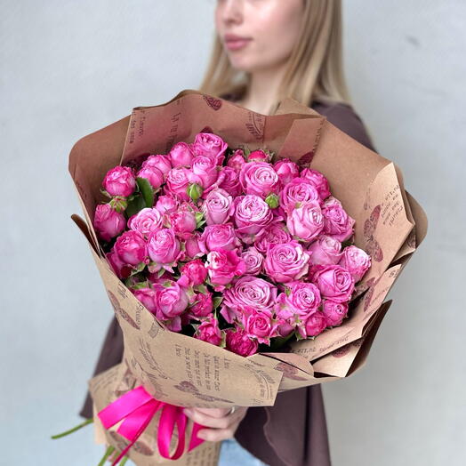 Букет из малиновых роз, пионовидные кустовые розы, Леди Бомбастик, арт 20 Flower Perfect