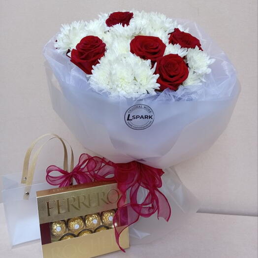 9 Holland Roses 8 Chrisantemus with Fererro Rocher