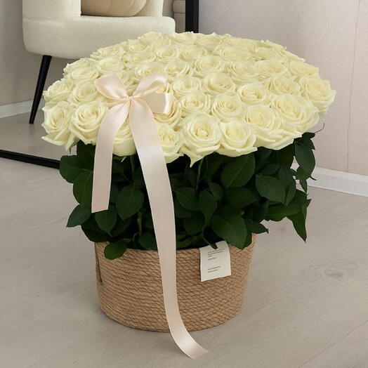50 White Roses in basket