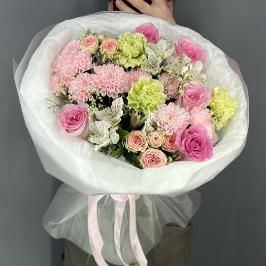 Букет авторский💗 Роза, Роза кустовая, альстромерия, хризантема, диантус, Лимониум