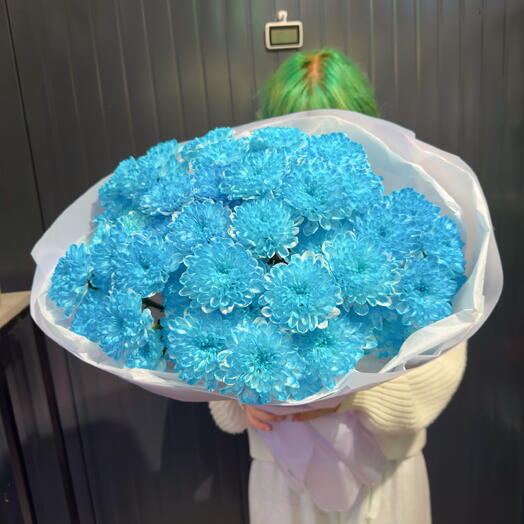 WOW-букет 🩵 из 9 синих кустовых хризантем «Неоновый океан» Монобукет «Blue Neon»