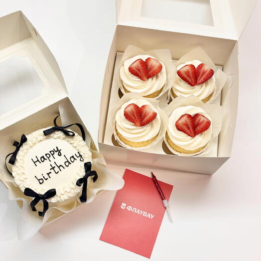 Набор бисквитный бенто торт с надписью "Happy birthday" + капкейки со свежей клубникой
