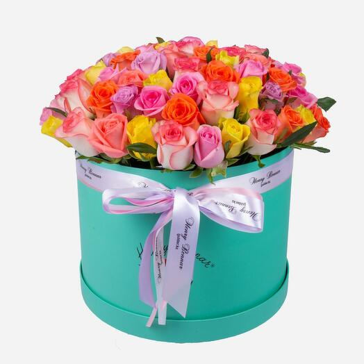 Букет из разноцветных роз в коробке тиффани XL