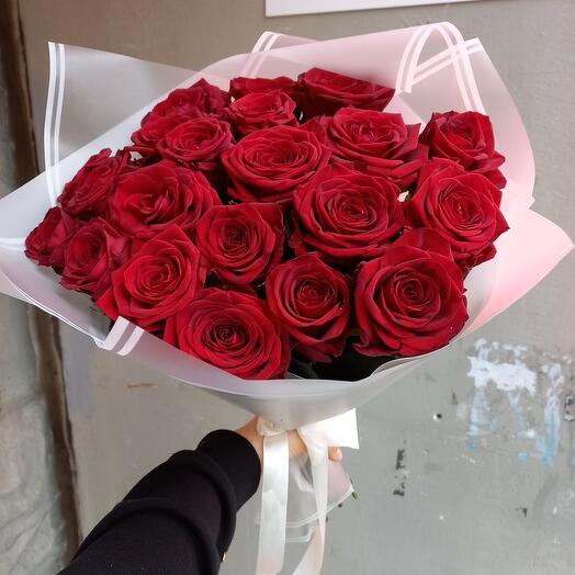 21 red roses in designer packaging