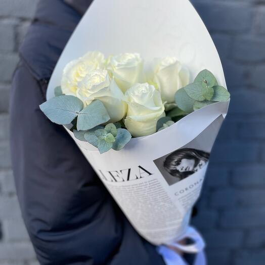5 white roses with eucalyptus