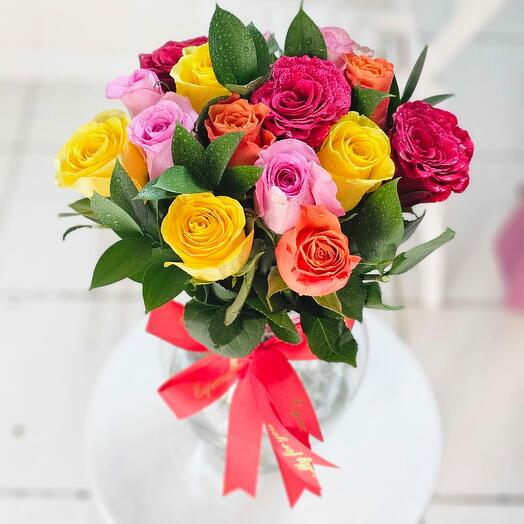 15 Multi Colored Roses Vase