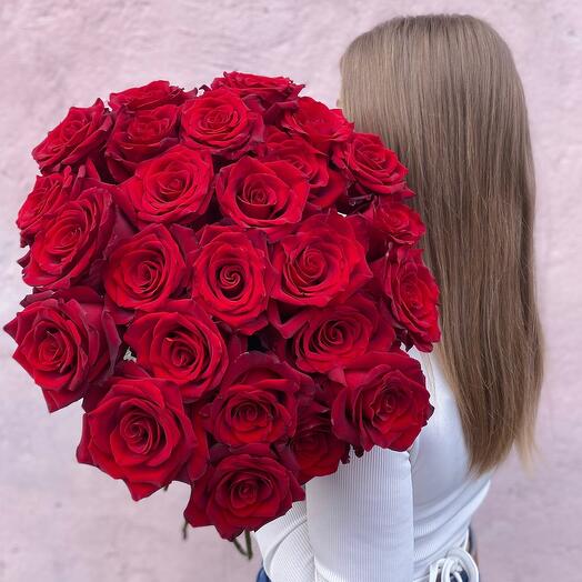 25 red roses in a ribbon
