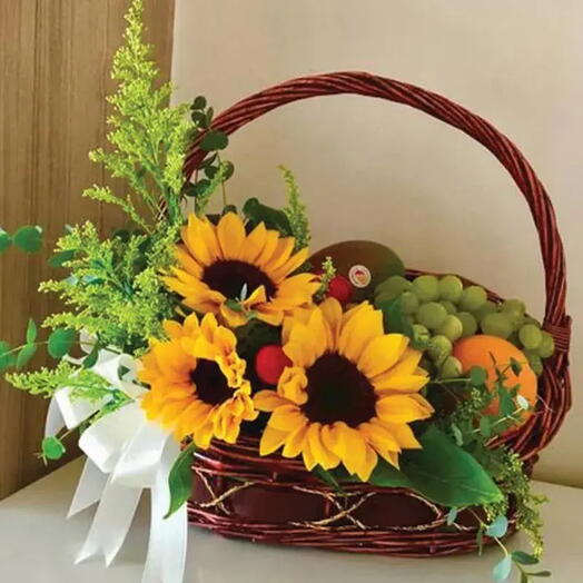 Best Wishes: Sunflowers, Solidaster, Eucalyptus Leaves, Fruit Basket