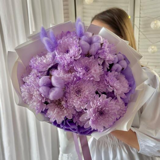 Букет Лавандовый раф! (хризантемы, лагурус, хлопок)