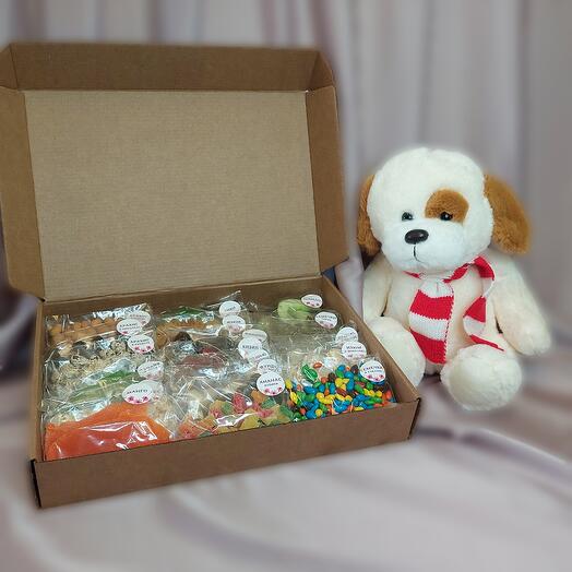 Подарочный набор для любимых ( 20 вкусов, 1000гр.и плюшевый щенок красный)