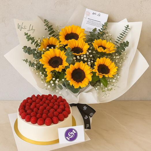 Фирменный торт «Малиновое облако» + подсолнухи