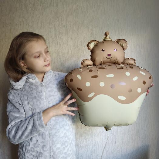 Шар мишка с кексиком коричневый, кексик с медвежонком- 1шар