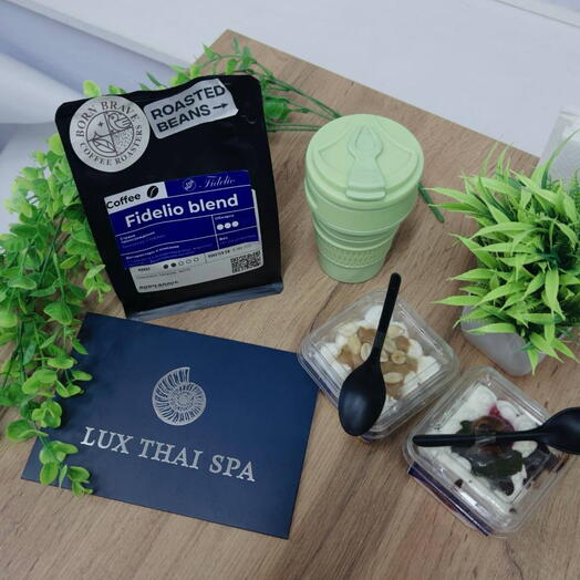 Сертификат в "LUX THAI SPA" "бокс макаронс" "эко кружка" "кофе 250гр"