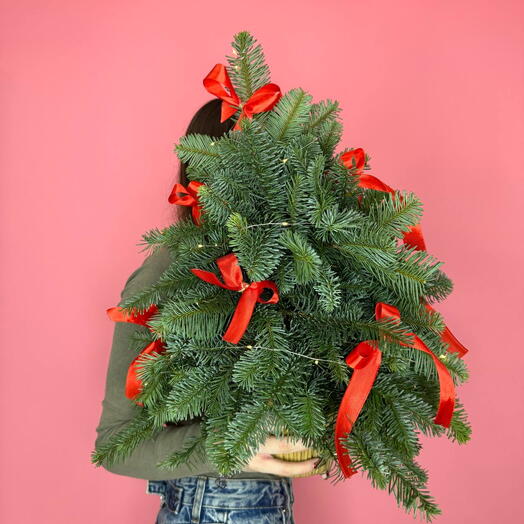 9404 | зимняя елочка из живого нобилиса с красными бантами и светящейся гирляндой