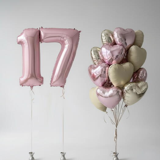 Шары на 17 лет. Две цифры и фонтан из сердечек