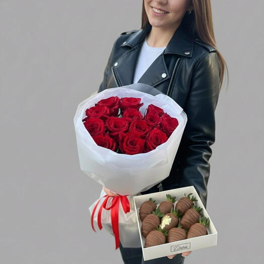Комбо Букет роз и клубника в шоколаде