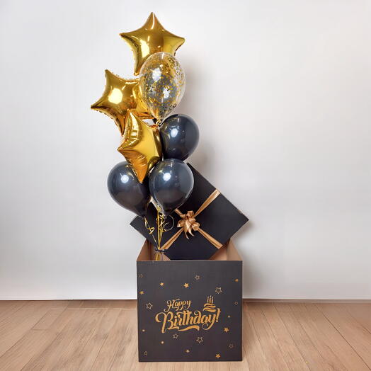 Коробка сюрприз с шарами Happy Birthday Black