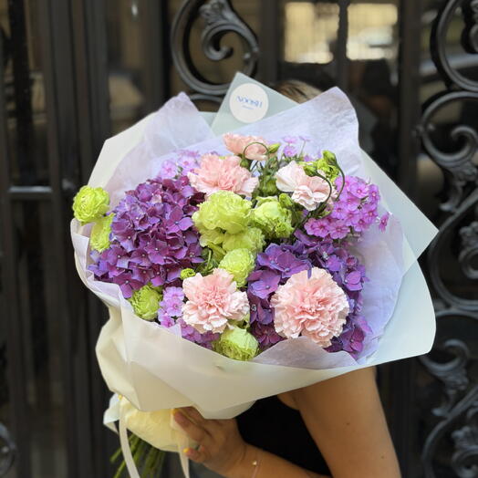 Purple Hydrangea and Pink Carnation Bouquet