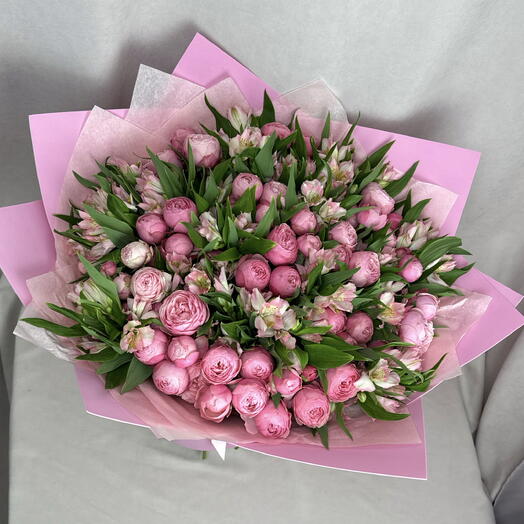 Роскошный большой букет💕. Розы Сильва Пинк и альстромерия