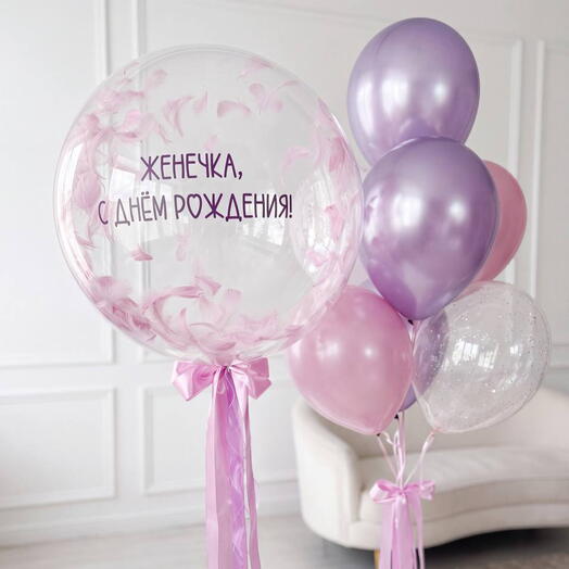 Нежные воздушные шары для девочки, девушки, женщины фиолетовые, Баббл с перышками на юбилей