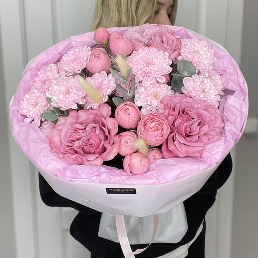 🩷Малиновый букет Bloom room, пионовидная роза, хризантема, эвкалипт, лагурус