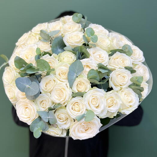 🌹51 ЭЛИТНАЯ БЕЛАЯ РОЗА С ЭВКАЛИПТОМ🌹(Сорт — Аваланж)