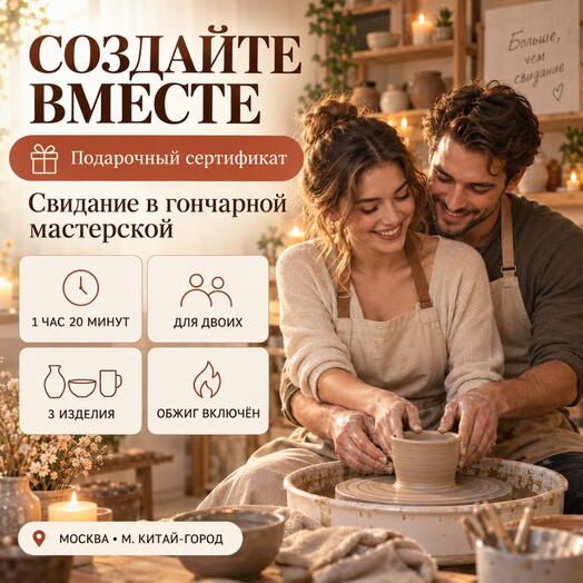 Подарочный сертификат «Свидание в гончарной мастерской» (1 час 20 минут, 2 человека)