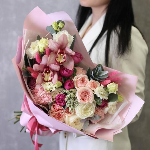 The combined bouquet is sprawling. Orchid, Peony Bush roses, White roses, Pink carnation Midland