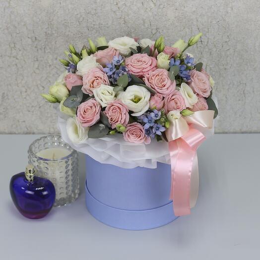 White eustoma and peony-shaped roses with eucalyptus in an Imaginary Universe box
