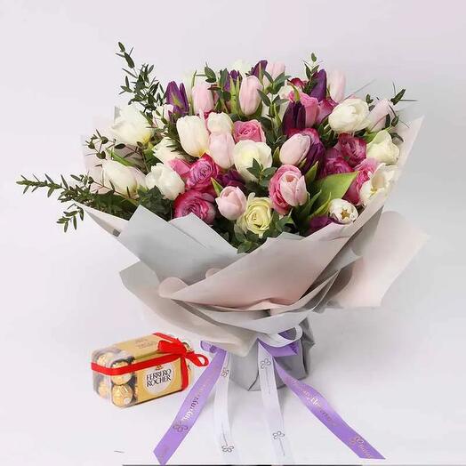 Modest 60 Roses and Tulips Bouquet with Ferrero Rocher