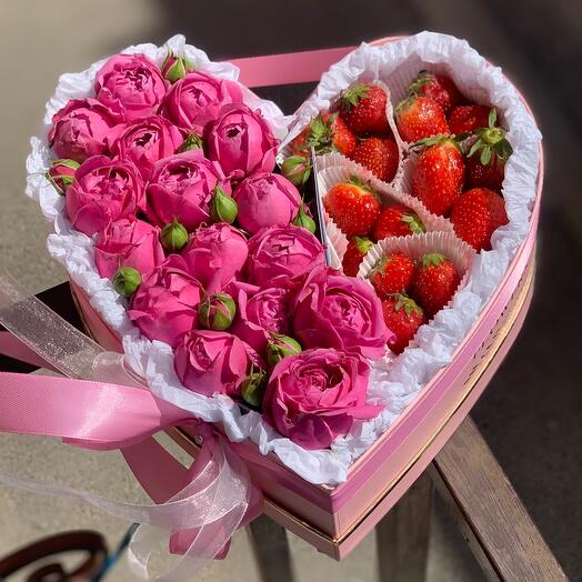 Flowers in a box heart with strawberries