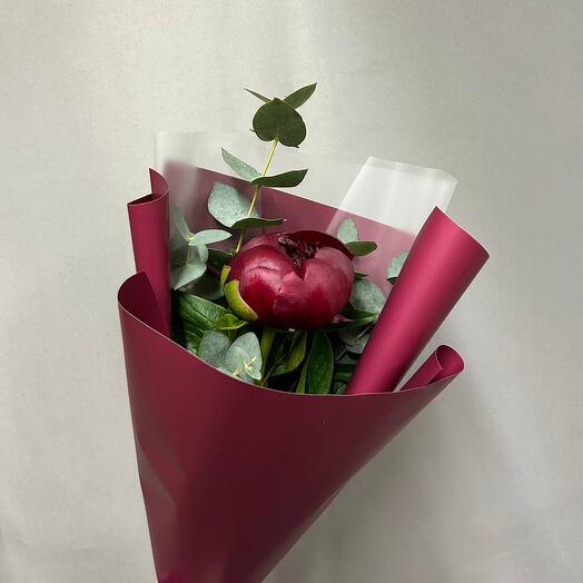Mini bouquet of burgundy peony with eucalyptus