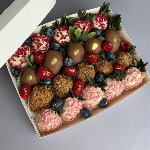 A set of chocolate-covered strawberries