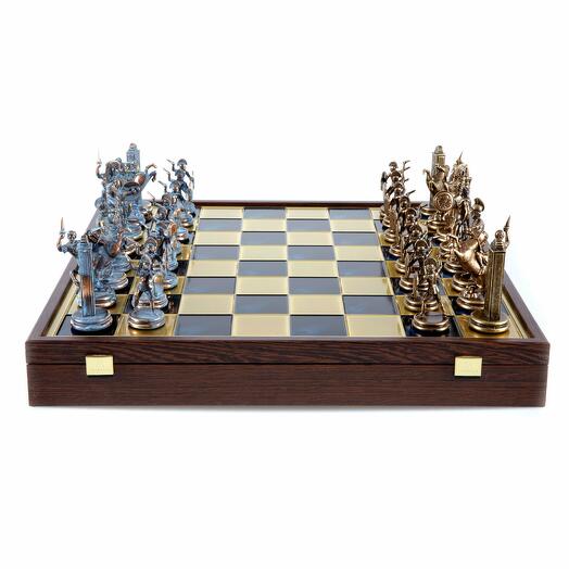 Greek mythology chess set in a wooden box with blue/brown chessmen and blue/bronze chessboard 48 x 4