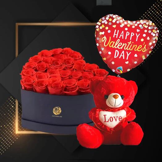 Red Roses Heart Box with Red Teddy and Valentine Foil Balloon