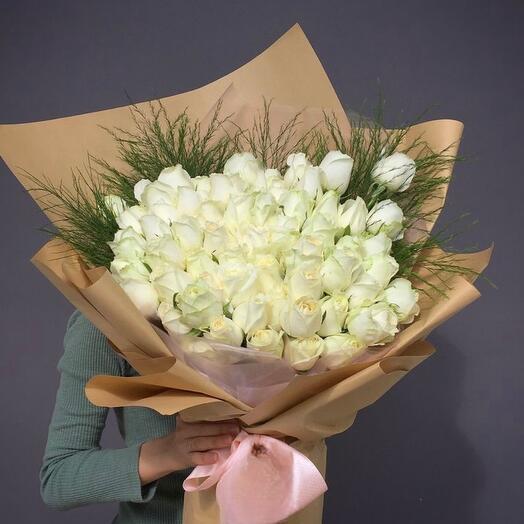 Bouquet of white roses and greenery