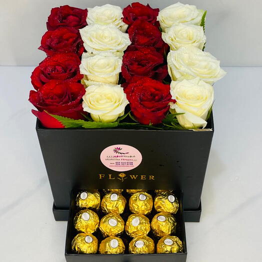Happy Together; 16 Red   White Roses with 16 Ferrero rocher with Box