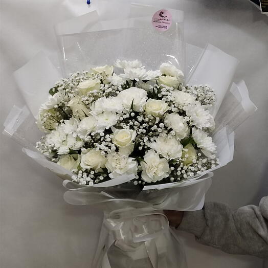 Snow White:10 STEMS OF WHITE ROSES   10 STEMS OF WHITE CARNATION 5 STEMS OF WHITE CHRYSANTHEMUM