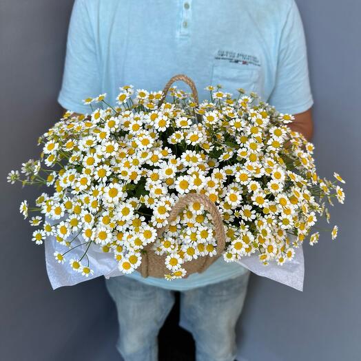 Композиция из ромашки в джутовой корзине ручной работы