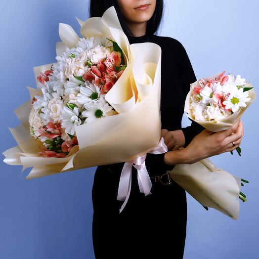 Paired bouquet of alstroemeria, chrysanthemum and bush rose "Angelina"