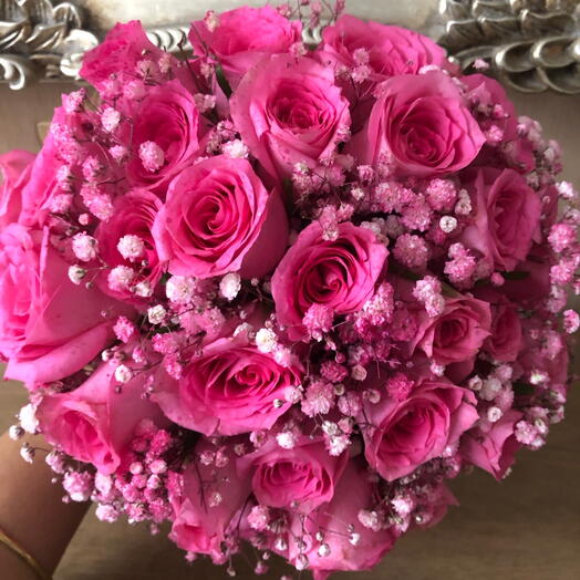 Pink rose and gypsophila wedding bouquet