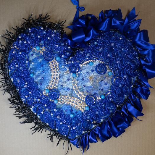 Авторский светильник "Большое синее сердце" 60Х45 см, Тёплый свет