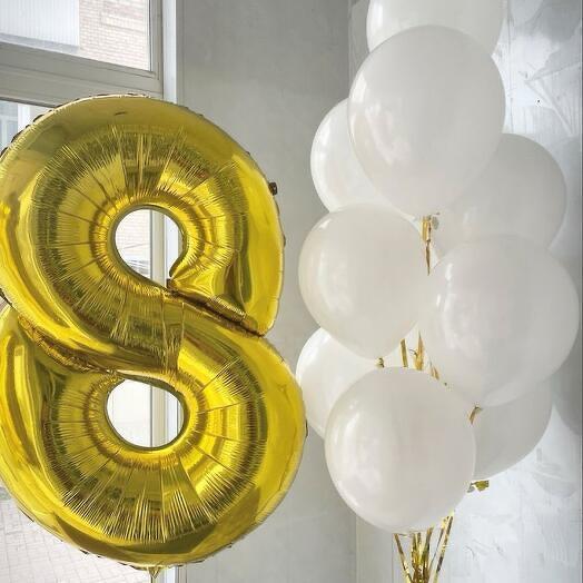 Связка белых шаров с цифрой золото  10шт🤍💛
