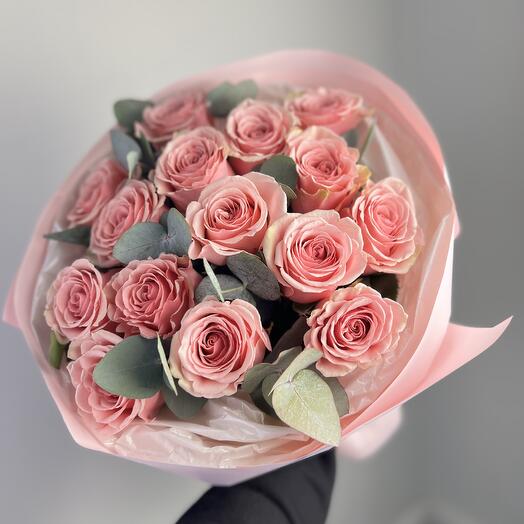Delicate pink roses with eucalyptus in a lovely bouquet for your beloved girl