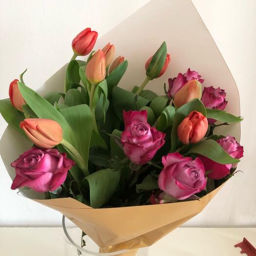 Red Tulips with Purple Roses